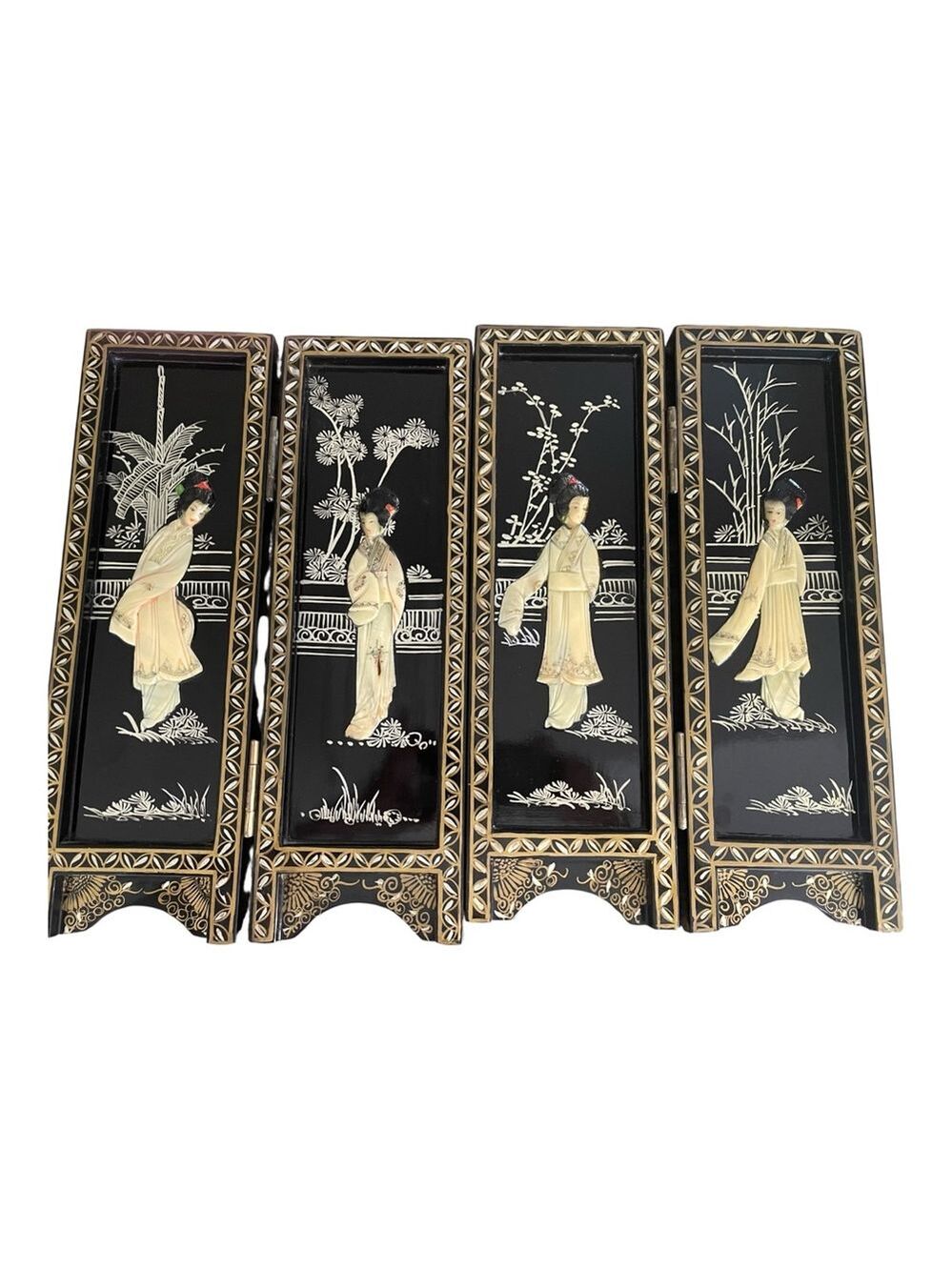 Vintage Asian Black Lacquer Wall Art Panels (4), Applied Carved Detail Geishas.